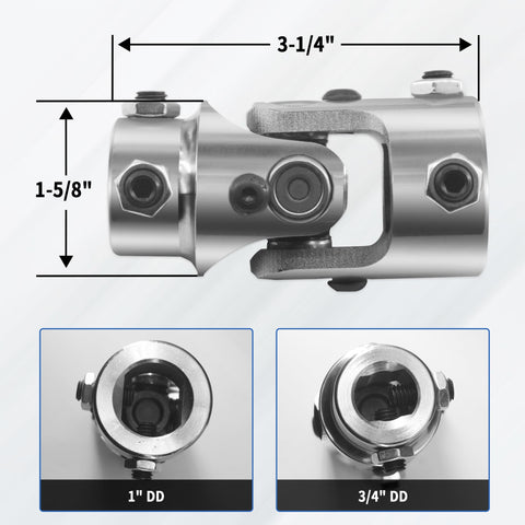 Chrome Steering U Joint Coupler For One Inch Double D To Three Quarter Inch Double D Shaft Universal Joint Single Joint Three And A Quarter Inch Overall Length One And Five Eighths Inch Outside Diameter Beefed Up Auto Steering Shaft Connector
