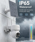 Solar Powered Outdoor Security Camera With All Around 360 Degree View And Color Night Vision AI Human Detection 2 Way Audio Spotlight Siren IP65 Weatherproof 2.4G WiFi Battery Or Solar Powered Local SD Card And Cloud Storage installed on a wall with solar panel in rain