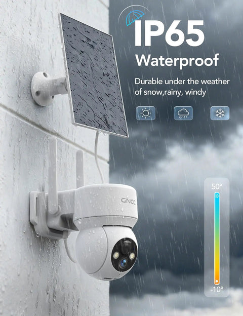 Solar Powered Outdoor Security Camera With All Around 360 Degree View And Color Night Vision AI Human Detection 2 Way Audio Spotlight Siren IP65 Weatherproof 2.4G WiFi Battery Or Solar Powered Local SD Card And Cloud Storage installed on a wall with solar panel in rain