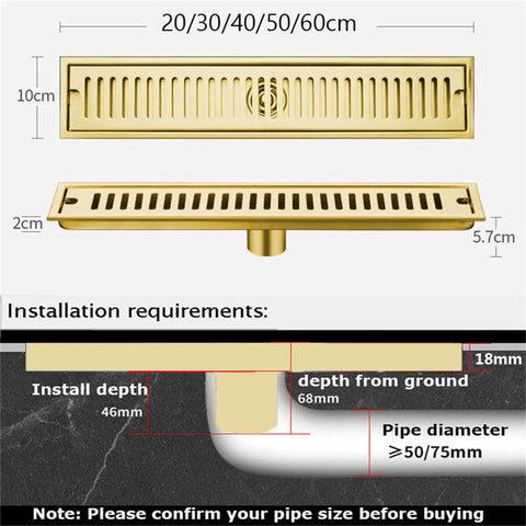 Rock Solid Gold Linear Shower Drain 60Cm Stainless Steel Rectangle Floor Grate showing dimensions and installation requirements.
