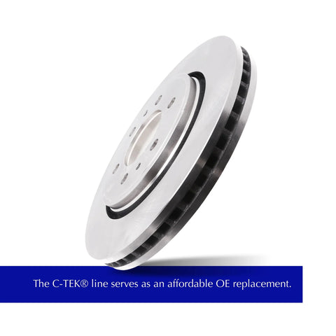 Centric 121.50017 C-Tek front brake rotor, silver, vented cooling fins, angled view.