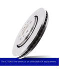 Centric C-Tek front brake rotor, close-up view for Jaguar; vented silver disc with hub and lug holes