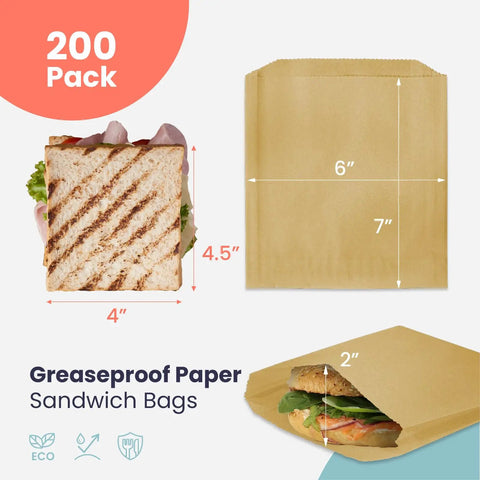 Greaseproof Paper Sandwich Bags 200 Pack 7 By 6 By 1 Inches Unbleached Brown Bags For Bakery Donuts Bagels Snacks Grab And Go Recyclable Food Safe No Wax 100 Percent Food Grade Eco Friendly; image showing bag size and sandwich use.