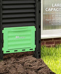 80 Gallon Outdoor Tumbling Compost Bin With Aeration Vents showing green access door on black structure
