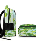 Side view of Dewy Mint White Flower Printed Unisex Backpack Dope With Large Capacity Durable Polyester Build Breathable Comfort