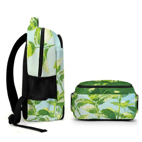 Side view of Dewy Mint White Flower Printed Unisex Backpack Dope With Large Capacity Durable Polyester Build Breathable Comfort