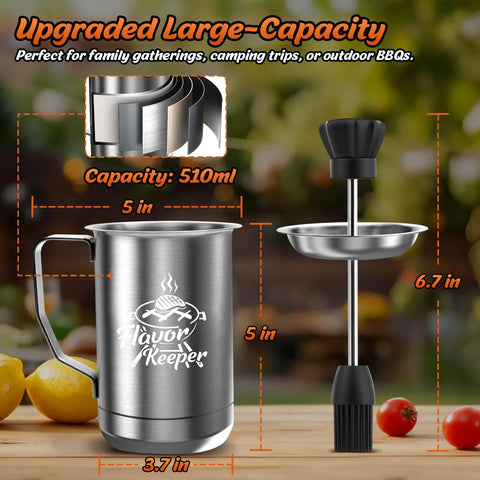 All In One BBQ Basting Brush And Sauce Cup Set For Grilling, stainless steel brush and cup, 510ml, 6.7-inch handle