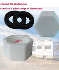 RV Water Heater Drain Cap Kit X2 with gaskets and Teflon tape, showing chemical-resistant 1-inch cap, with RV in background.