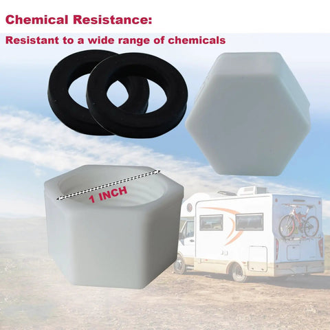 RV Water Heater Drain Cap Kit X2 with gaskets and Teflon tape, showing chemical-resistant 1-inch cap, with RV in background.