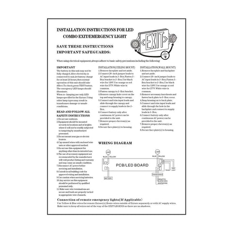 Installation instructions for LED Emergency Light And Exit Sign Combo With Back Up Battery Green Exit Sign UL Certified.