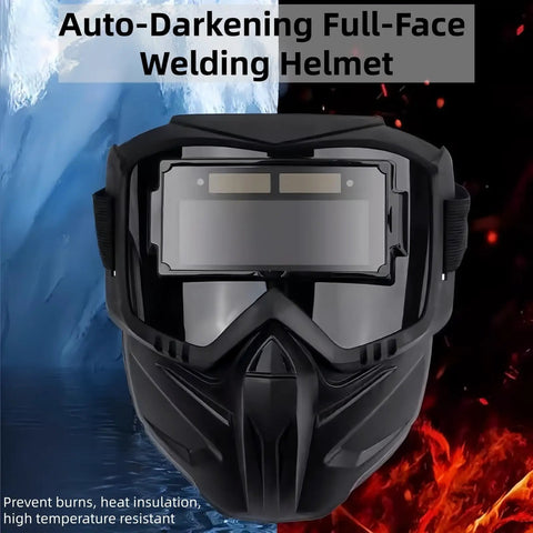 Front view of Workhorse Auto Darkening Welding Helmet With Detachable Face Shield And Goggles, heavy duty protection.