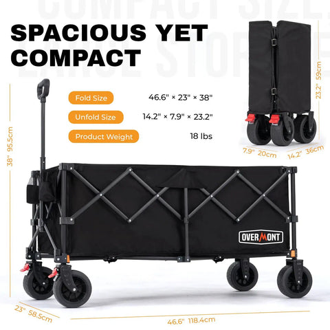 46.6 Inch Heavy Duty Collapsible Wagon Cart With 440 Lb Capacity And Beefy All Terrain Wheels in unfolded and folded view