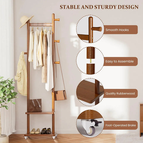 Freestanding Walnut Wood Coat Rack With Wheels, 5 Heavy Duty Hooks, 2 Shelves And Stable Base in corner of living room.