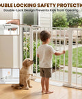 Child and dog by Extra Wide Baby Gate For Stairs And Doorways 29.7 To 46 Inch Adjustable Pressure Mounted Walk Through Pet Gate Auto Close White Metal Safety Gate
