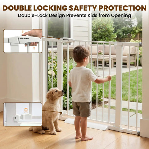 Child and dog by Extra Wide Baby Gate For Stairs And Doorways 29.7 To 46 Inch Adjustable Pressure Mounted Walk Through Pet Gate Auto Close White Metal Safety Gate