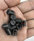 10 Pcs M6 Barrel Nuts 10x12mm For M6-1 Bolts, black steel fasteners in hand, used for cribs and furniture wood joints