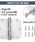 Heavy Duty 3.5 Inch Door Hinges Brushed Nickel With Five Eighths Radius, 3.5 x 3.5 Inch Interior Door Hardware, Six Hole Mount, shown with included screws in silver finish, front view.