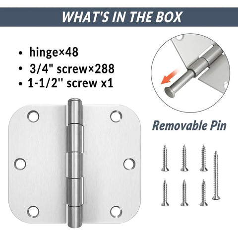 Heavy Duty 3.5 Inch Door Hinges Brushed Nickel With Five Eighths Radius, 3.5 x 3.5 Inch Interior Door Hardware, Six Hole Mount, shown with included screws in silver finish, front view.