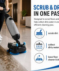 Professional Compact Battery Powered Walk Behind Floor Scrubber Machine With Built In Squeegee For Offices Salons And Restaurants That Scrubs And Dries With Zero Sweat Or Fuss in use on a polished floor.
