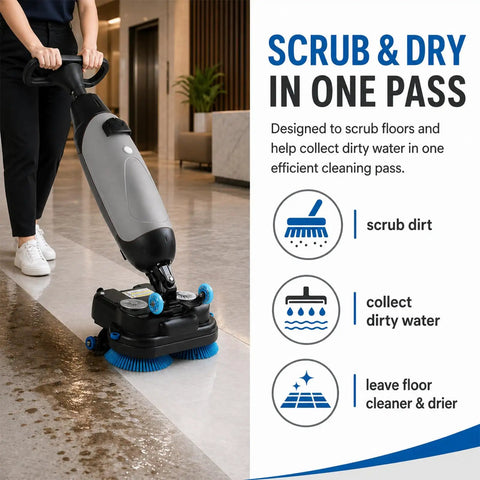 Professional Compact Battery Powered Walk Behind Floor Scrubber Machine With Built In Squeegee For Offices Salons And Restaurants That Scrubs And Dries With Zero Sweat Or Fuss in use on a polished floor.