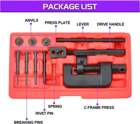 Beefy Heavy Duty Motorcycle Chain Breaker And Splitter Tool Kit For Breaking And Joining 35 To 630 Pitch Chains set components