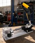 Heavy Duty Vehicle Connector Pipe Press Clamping Tool With Adjustable Bench Vise Block And Lever Mechanism Metal Structure on workbench.