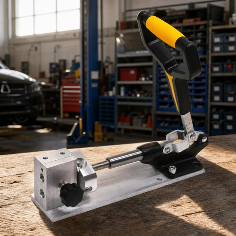 Heavy Duty Pipe Press Clamp Tool Leverage Vise Press Block For Metal Fittings With Hand Grip on workbench in garage.