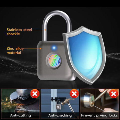 Biometric Fingerprint Smart Padlock Keyless Thumbprint Lock USB Rechargeable Waterproof Metal Lock with protection features