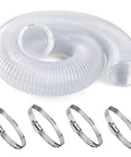 Heavy Duty 4 by 5 Inch Flexible Clear PVC Dust Collection Hose With Stainless Steel Clamps coiled with stainless steel clamps.
