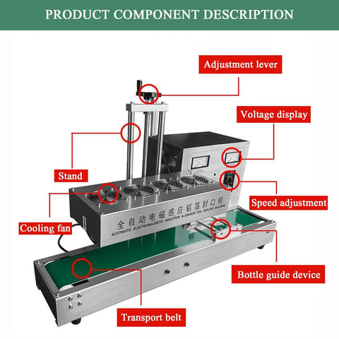 Component layout of Heavy Duty Automatic Electromagnetic Induction Sealer for Plastic and Glass Bottles with labels.
