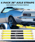 4-pack 36-inch axle straps securing car on trailer with visible Heavy Duty Car Tie Down Straps For Trailers 2 Inch By 12 Foot.