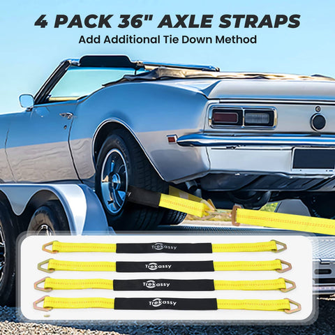 4-pack 36-inch axle straps securing car on trailer with visible Heavy Duty Car Tie Down Straps For Trailers 2 Inch By 12 Foot.