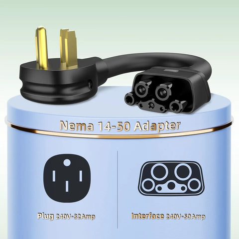 Slick Plug And Play Nema 14 50 Adapter For Tesla Gen 2 Mobile Connector with 240V socket and interface visible.