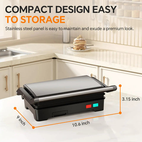Upgrade Your Kitchen Game With This 1000W Panini Press And Grill on kitchen countertop, compact design, stainless steel.