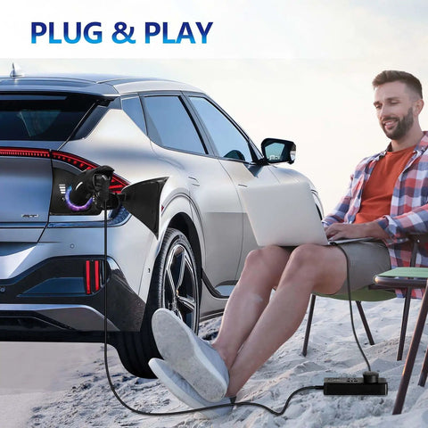 Portable V2L Converter For Electric Vehicles Morphs Charging Port Into Legit US AC Outlet at the beach.