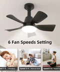 Lit 2 In 1 Socket Ceiling Fan With Light And Remote, black fan with LED light, 6 speed settings, mounted on ceiling.