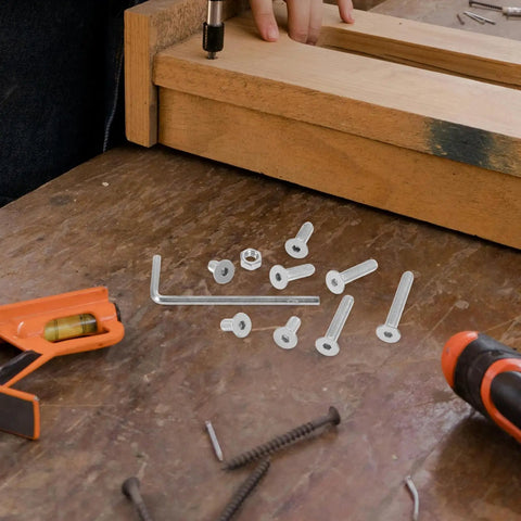 260 Piece M5 Nut Bolt And Washer Assortment Kit with Carbon Steel Spring Lock Washers on workbench during furniture assembly