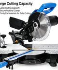 Heavy Duty Pro Grade Sliding Compound Miter Saw With Dead On Laser Guide 12 Inch 80 Tooth Blade 15 Amp Motor dual bevel setup close-up of cutting capacity features.