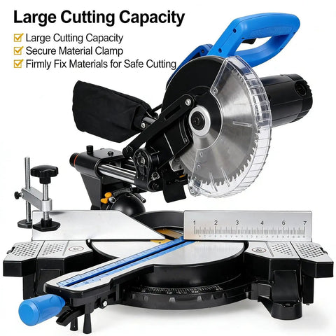 Heavy Duty Pro Grade Sliding Compound Miter Saw With Dead On Laser Guide 12 Inch 80 Tooth Blade 15 Amp Motor dual bevel setup close-up of cutting capacity features.