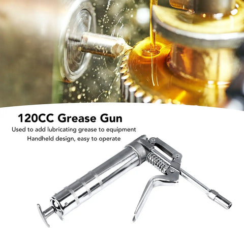 Handheld 120cc Grease Gun For Industrial Maintenance, Chrome Plated Metal Lubrication Tool For Machinery, showing manual handle