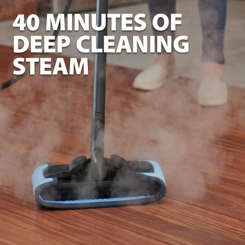 Top Shelf Multipurpose Steam Cleaner Packs 18 Slick Nozzles For Chemical Free Deep Cleaning Wallpaper Removal And Tough Daily Household Surface Scrubbing in action on hardwood floors.