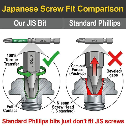 Japanese Screw Fit Comparison showing JIS bit vs Standard Phillips, highlighting 100% torque transfer and cam-out forces.