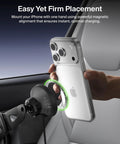 Close-up of Qi2 15W Magnetic Wireless Car Charger For Tesla Dash Mount; smartphone being attached securely for charging.