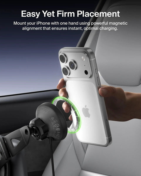 Close-up of Qi2 15W Magnetic Wireless Car Charger For Tesla Dash Mount; smartphone being attached securely for charging.