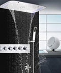 Top Shelf Led Ceiling Shower Set With Five Dynamic Modes Serving Heavy Rainfall Smooth Waterfall And Chill Spa Mist in modern bathroom.