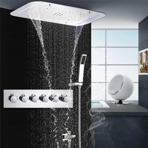 Top Shelf Led Ceiling Shower Set With Five Dynamic Modes Serving Heavy Rainfall Smooth Waterfall And Chill Spa Mist in modern bathroom.