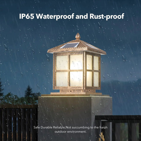 Outdoor Solar Post Lights IP65 Waterproof Glass Pillar Light Square Led Column Lamps For Villa Courtyard Fence Landscape Bollards Aluminum Column Light With Remote Control Cordless Easy No Wiring Install showcasing waterproof feature in rain.