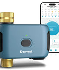 Smart Sprinkler Timer With Brass Inlet And Outlet 1 Zone Hose Faucet Controller With WiFi Hub next to smartphone app display