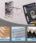 2Pcs Heavy Duty Upgrade Square Slot Cutter Blade For Drywall Outlet Box Cutting Compatible With Dewalt 20V And Milwaukee M18 Oscillating Multi Tools shown cutting drywall.