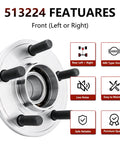 Front Wheel Hub Bearing Assembly For RWD Chrysler 300 2005-2011, Dodge Magnum 2005-2008, Charger 2006-2010, Challenger 2008-2010 Replacement Wheel Hub Bearing Set Durable, Easy Install Ready To Roll, showing front view with 5-bolt pattern, ABS encoder, and features highlighted in icons
